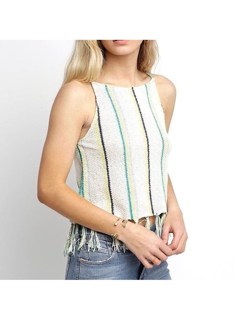 Cupcakes & Cashmere Cecille Striped Crochet Fringe Top